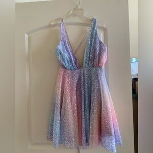 Rainbow sequined Lace up halter mini dress